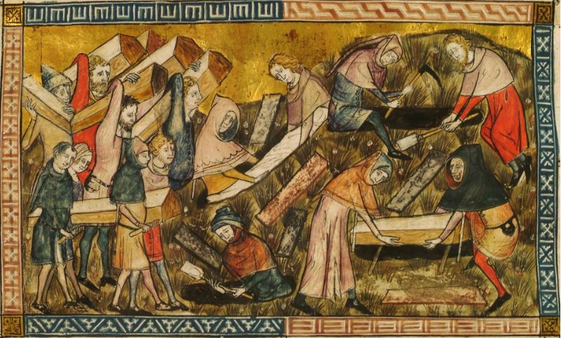 Befolkningen i Tournai begraver deres ofre for den sorte død. Maleri af Pierart dou Tielt (ca 1353)