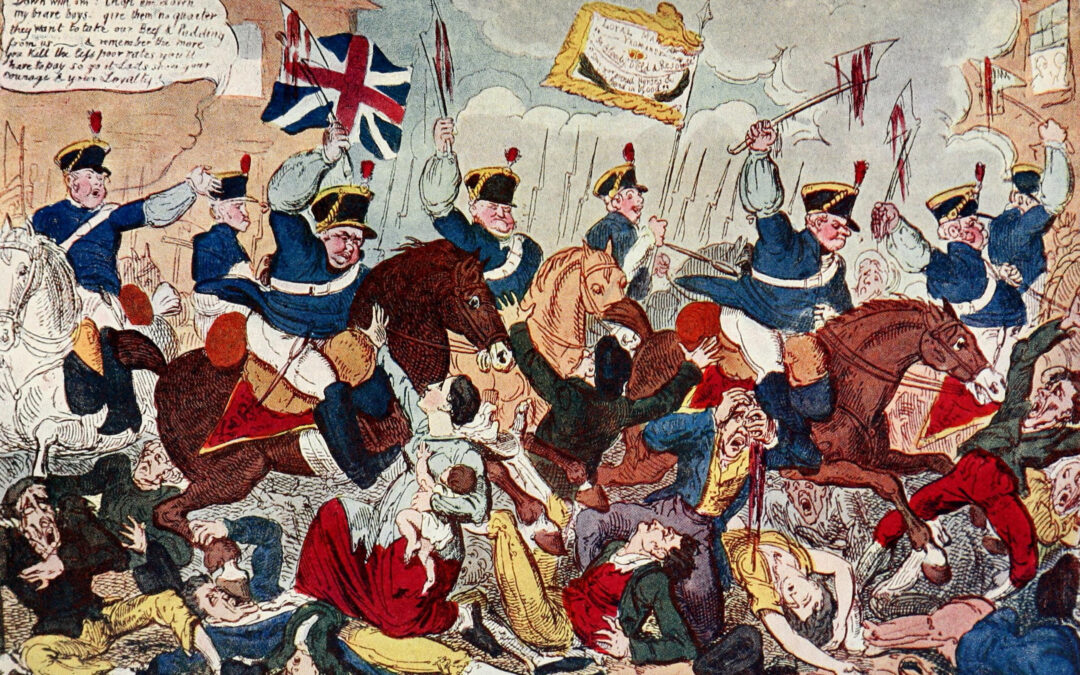 Peterloo-massakren på St Peter's Field i Manchester, 16. august 1819, hvor 60.000 var samlet for at kræve reformer af parlamentet. Byens myndigheder og garnison angreb den fredelige mængde med skydevåben og sabler. 15 blev dræbt, og 400-700 blev såret, hvoraf en del var kvinder og børn. Tegning af George Cruikshank.