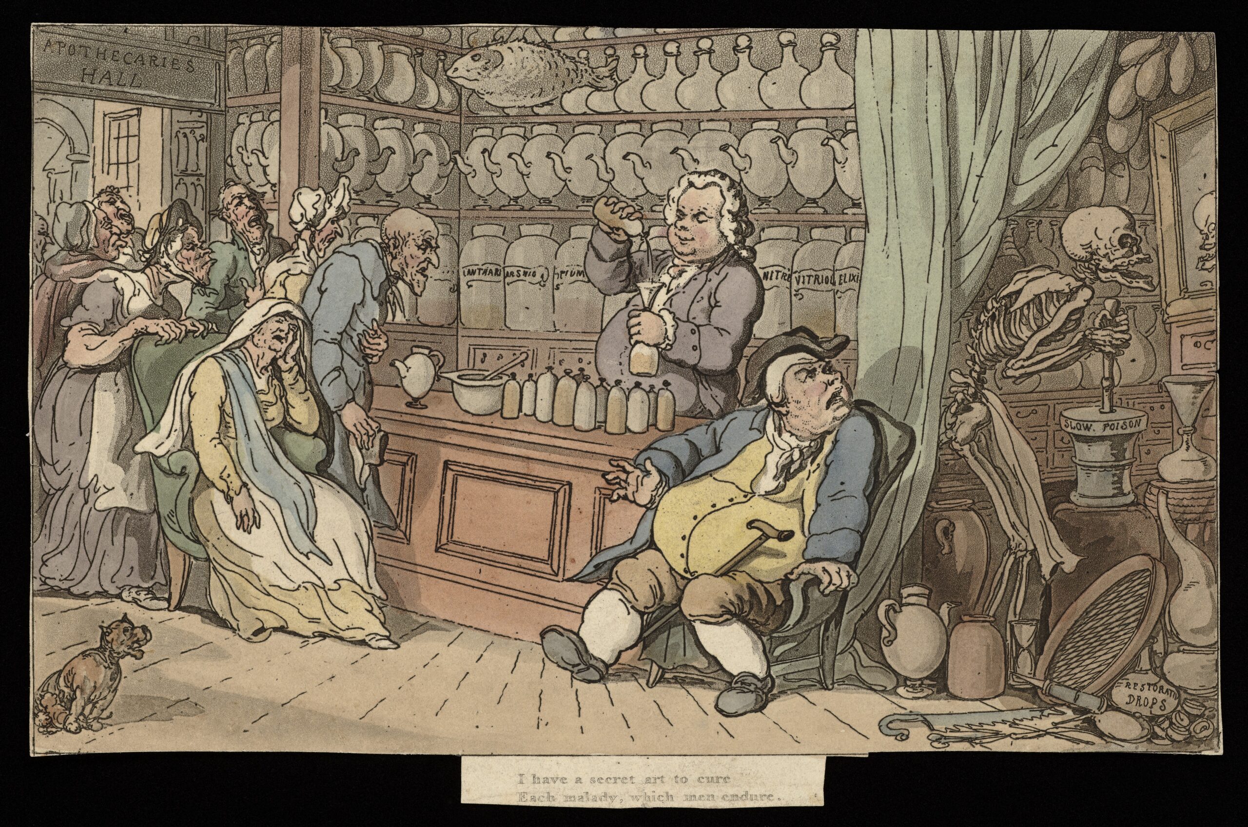 Thomas Rowlandson: "Kvaksalveren" fra 1814-16. Døden er stadig en frygtet og utilregnelig skikkelse. Dansen med døden.